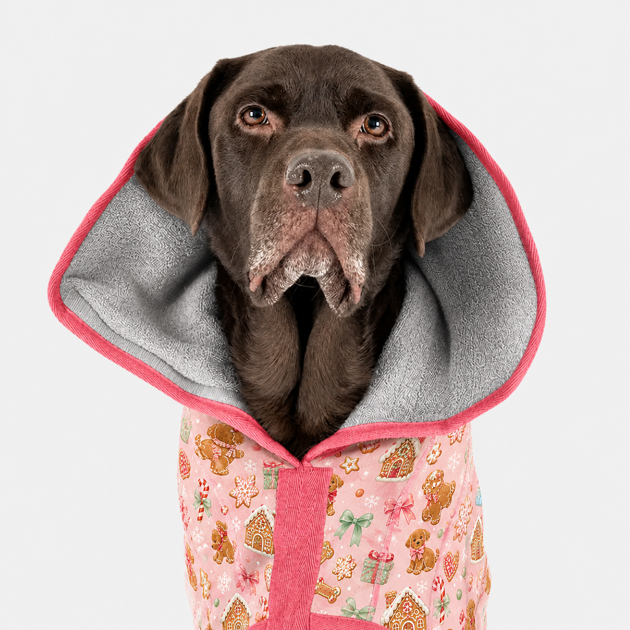 Pink Gingerbread Christmas robe absorbent lining and hood detail