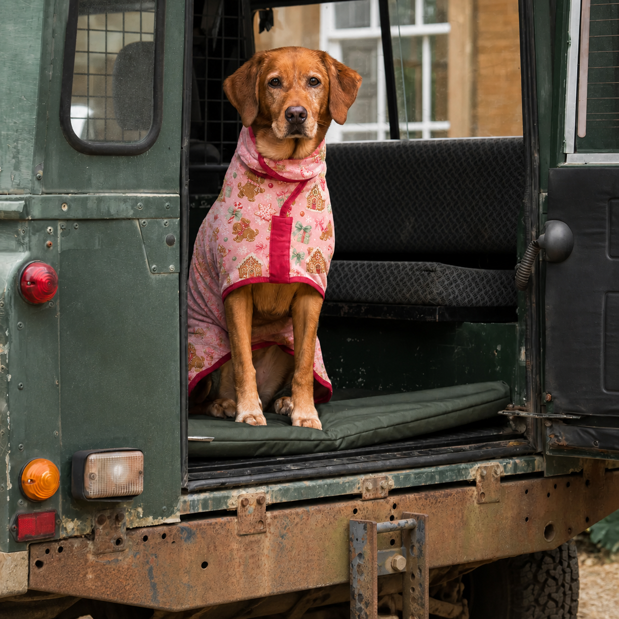 Pink Gingerbread Christmas dog drying robe used after an outdoor adventure