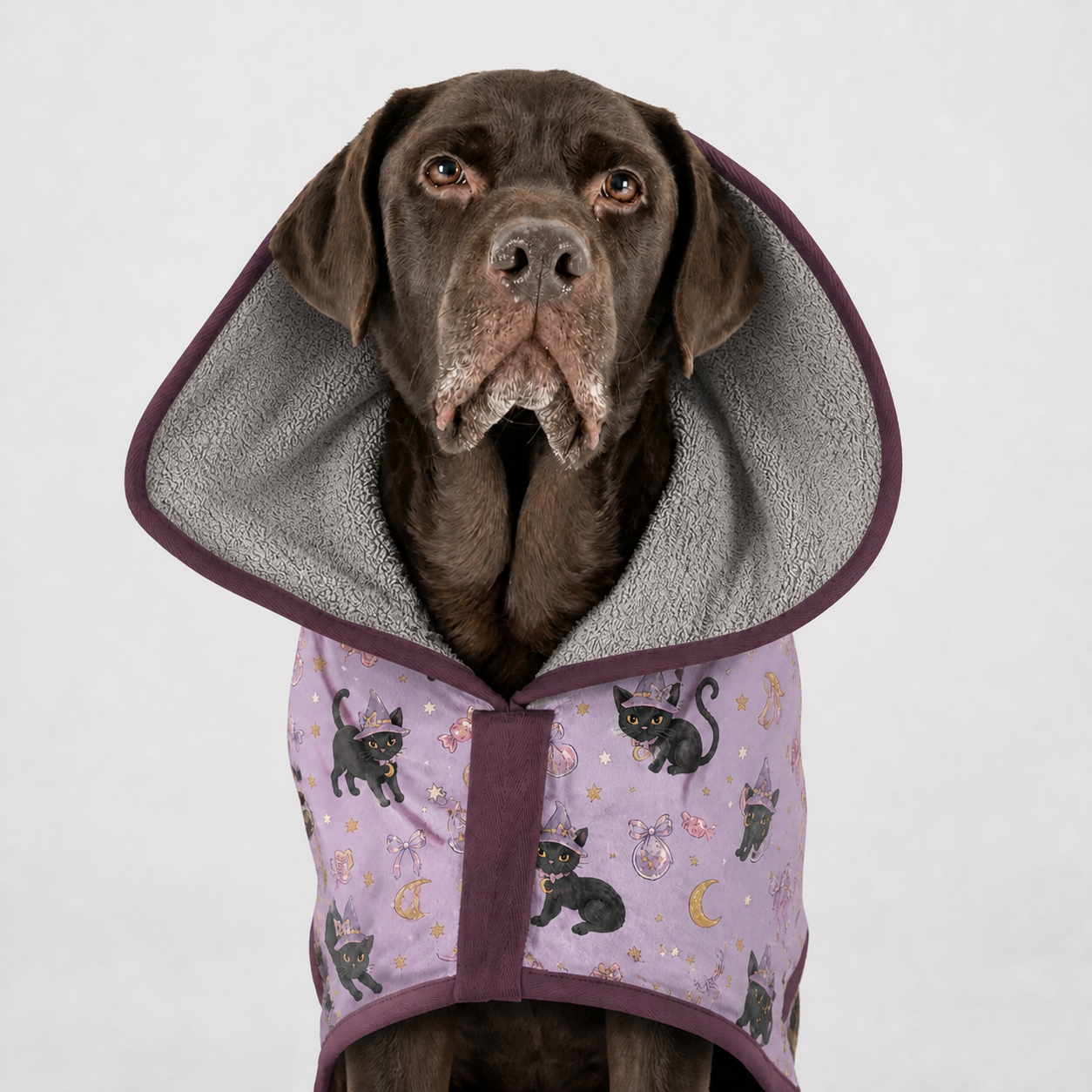 Purple Black Cat Halloween robe absorbent lining and hood detail