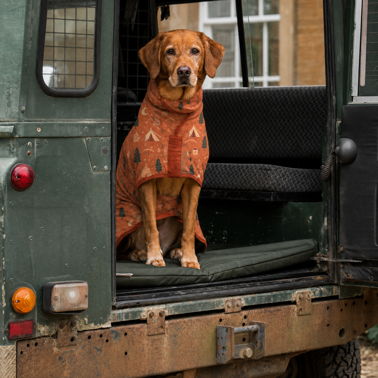 Dog wearing a Sunset Camping drying robe on an outdoor adventure