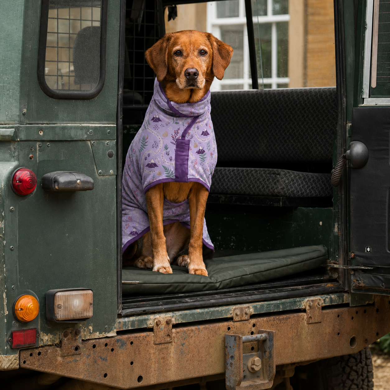 Dog in a Wild Berry Hiking drying robe after an outdoor swim